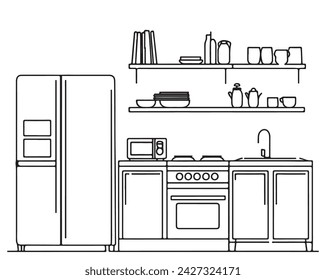 Diseño de arte de la línea de la sala de cocina sobre fondo blanco. Mobiliario