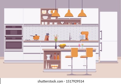 Kitchen room modern interior and design. Food making area, white cabinetry and countertops with gadgets, conversation pit and eating space, breakfast zone. Vector flat style cartoon illustration