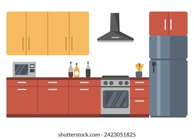 Kitchen room. Red and yellow kitchen cabinets, microwave, refrigerator, stove, extractor hood, bottles