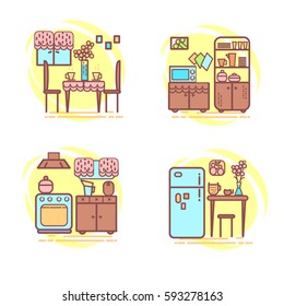 Kitchen room. Set interiors design thin line art illustration.