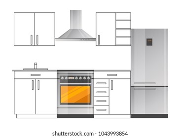 Kitchen room stylish design with modern appliances set. Capacious refrigerator and convenient stove with powerful hood isolated vector illustration.