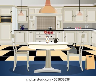 Kitchen room. Vector illustration interior kitchen room with a table and chairs in the gray color.  