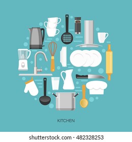 Kitchen round composition with household appliances faucet crockery and utensils on blue background vector illustration 