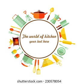 Kitchen round shape background with bright flat icons and with place for text. Retro styled menu. 