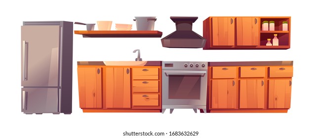 Kitchen rustic appliances and western wooden furniture set. Table, oven, range hood, refrigerator and utensil. Equipment for cooking isolated on white background, Cartoon vector illustration, clip art