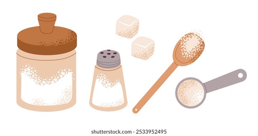 Sal de cocina y azúcar aislados sobre fondo blanco. Condimentos esenciales. Ilustración plana.
