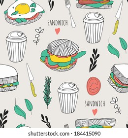 Kitchen sandwich background. Hand drawn cartoon seamless pattern for kitchen and cafe stuff