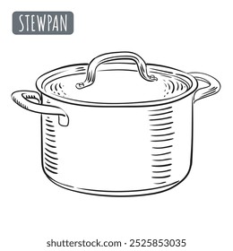 Kitchen saucepan with lid. Vector hand drawn illustration pan.