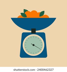 Kitchen scale. Analogue scales vector illustration. Food measuring device. Weight scale. Kitchen utensils, kitchenware for cooking and baking. Flat vector illustration. Trendy abstract style.