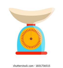 Küchenwaage. Blau mit orangefarbenem Uhrengesicht. Vektorgrafik