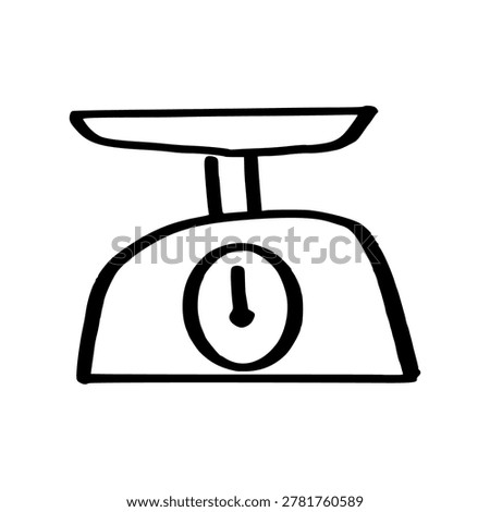 Kitchen scale doodle hand drawn, weighing balance sketch, food weight measurement line art, cooking tool kitchenware icon, cute ink drawing, vintage vector