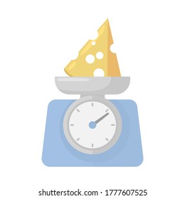 Ilustración plana a escala de cocina. Icono vectorial de la escala de cocina con tajada de queso.