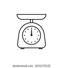 Ícone de linha de escala de cozinha isolado no fundo branco. Aparelhos de cozinha ou instrumentos de medição. Ilustração vetorial.