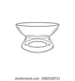Herramienta de medición de escala de cocción con taza o tazón para medir productos alimenticios, esbozar ilustración vectorial aislada en fondo blanco. Utensilios de cocina.