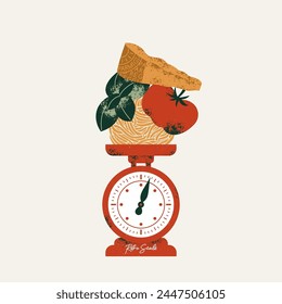 Kitchen scale with the pasta ingredients. Parmesan with tomato and basil with pasta. Vector illustration