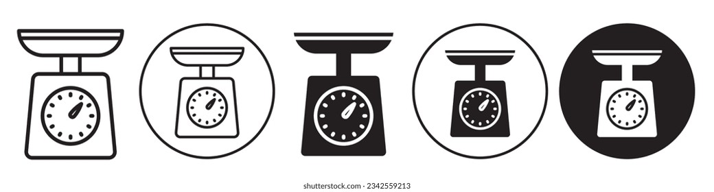 Símbolo de escala de cocina. Vector del logotipo del aparato de cocina para medir el peso de los utensilios de cocina. Establecer la colección de dispositivos de peso masivo de alimentos. Icono de contorno plano del instrumento de estado corporal para aplicaciones web usadas por ui.