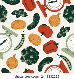 Kitchen scale with the various food. Artichoke with tomato and basil with potato and peas. Seamless pattern