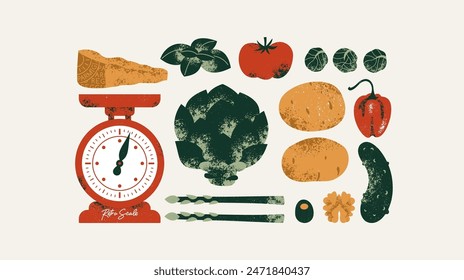 Kitchen scale with the various food. Artichoke with tomato and basil with potato and Brussel sprout. Vector illustration.