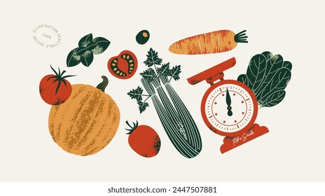 Kitchen scale with the various food. Pumpkin with tomato and basil with carrot and celery. Seamless pattern