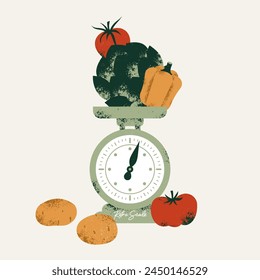 Kitchen scale with various vegetable. Artichoke with potato and tomato with pepper. Vector illustration