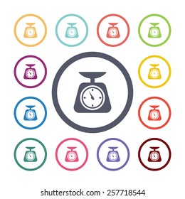 kitchen scales flat icons set. Open colorful buttons 