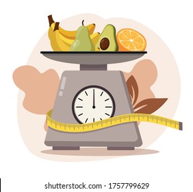 Kitchen scales with fruit on white background
