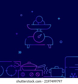 Kitchen scales with fruits gradient line vector icon, simple illustration on a dark blue background, kitchenware related bottom border.