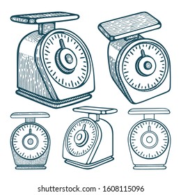 Kitchen scales. Kitchen scales hand drawn vector illustration isolated on white background. Weight scales sketch drawing graphic collection. Part of set. 