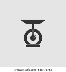 Kitchen scales icon flat. Black pictogram on grey background. Vector illustration symbol
