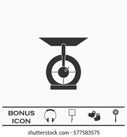 Kitchen scales icon flat. Black pictogram on white background. Vector illustration symbol and bonus button