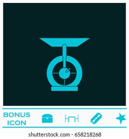 Kitchen scales icon flat. Blue pictogram on dark background. Vector illustration symbol and bonus icons