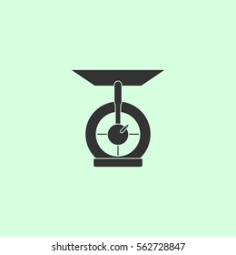 Kitchen scales icon flat. Grey vector symbol on green background