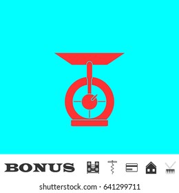 Kitchen scales icon flat. Red pictogram on blue background. Vector illustration symbol and bonus buttons Music center, corkscrew, credit card, house, drum