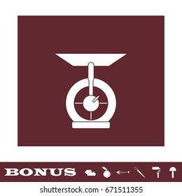Kitchen scales icon flat. White pictogram on brown background. Vector illustration symbol and bonus icons