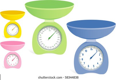 Kitchen Scales (kilo and pound) - Kitchen balance (green blue yellow pink) isolated on white. Vector illustration. Suitable for internet, advertising, editorial graphics. See others on "Objects" set.