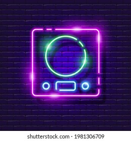 Kitchen scales neon sign. Vector illustration for design. Cooking concept. Glowing icon of household appliances for the kitchen.