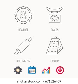 Kitchen scales, rolling pin and grater icons. BPA free linear sign. Calendar, Graph chart and Cogwheel signs. Download colored web icon. Vector