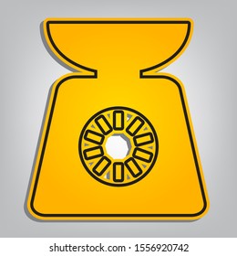 Kitchen scales sign. Flat orange icon with overlapping linear black icon with gray shadow at whitish background. Illustration.