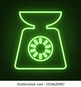 Kitchen scales sign. Green neon icon in the dark. Blurred lightening. Illustration.