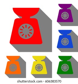 Kitchen scales sign. Set of red, orange, yellow, green, blue and violet icons at white background with flat shadow.