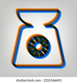 Señal de báscula de cocina. Icono marcado en colores naranja, azul y lavanda antigua en fondo gris. Ilustración.