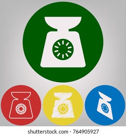 Kitchen scales sign. Vector. 4 white styles of icon at 4 colored circles on light gray background.