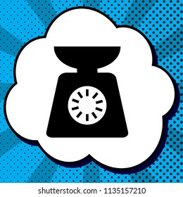 Kitchen scales sign. Vector. Black icon in bubble on blue pop-art background with rays.