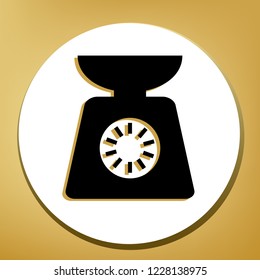 Kitchen scales sign. Vector. Black icon with light brown shadow in white circle with shaped ring at golden background.