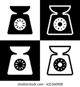 Kitchen scales sign. Vector. Black and white icons and line icon on chess board.