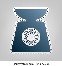 Kitchen scales sign. Vector. Blue icon with outline for cutting out at gray background.