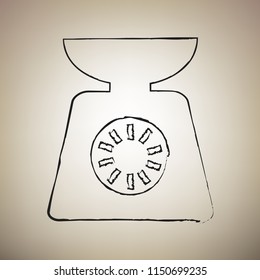 Kitchen scales sign. Vector. Brush drawed black icon at light brown background.