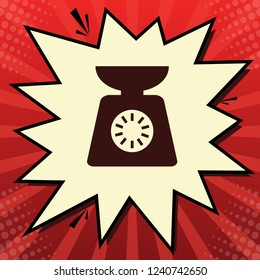 Kitchen scales sign. Vector. Dark red icon in lemon chiffon shutter bubble at red popart background with rays.