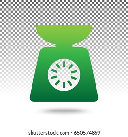 Kitchen scales sign. Vector. Green gradient icon with shadow at bottom on transparent and white background.