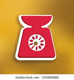 Kitchen scales sign. Vector. Magenta icon with darker shadow, white sticker and black popart shadow on golden background.